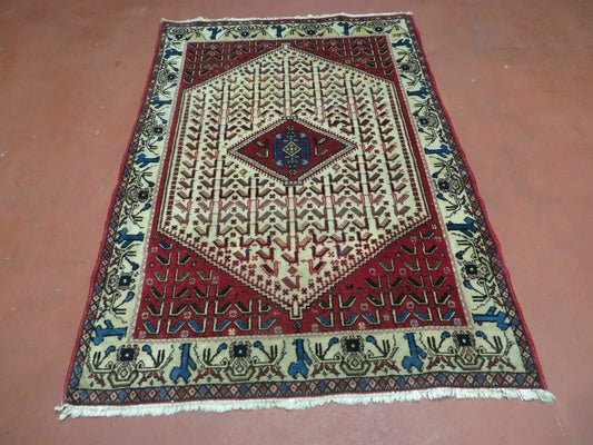 Vintage Handmade Wool Rug India Geometric Oriental Birds Ivory Red 3x5
