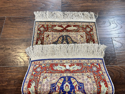 Silk Turkish Hereke Rug 2x3 Peacocks Birds Hand Knotted by Master Weaver 550 KPSI Animal Pictorial