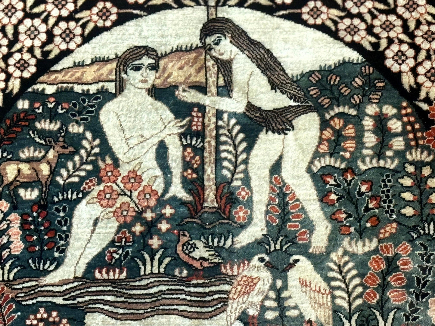 Sino Persian Pictorial Rug Garden Of Eden Adam And Eve Tree Of Life Design Silk Hand Knotted 580 KPSI Masterpiece 2.7x4