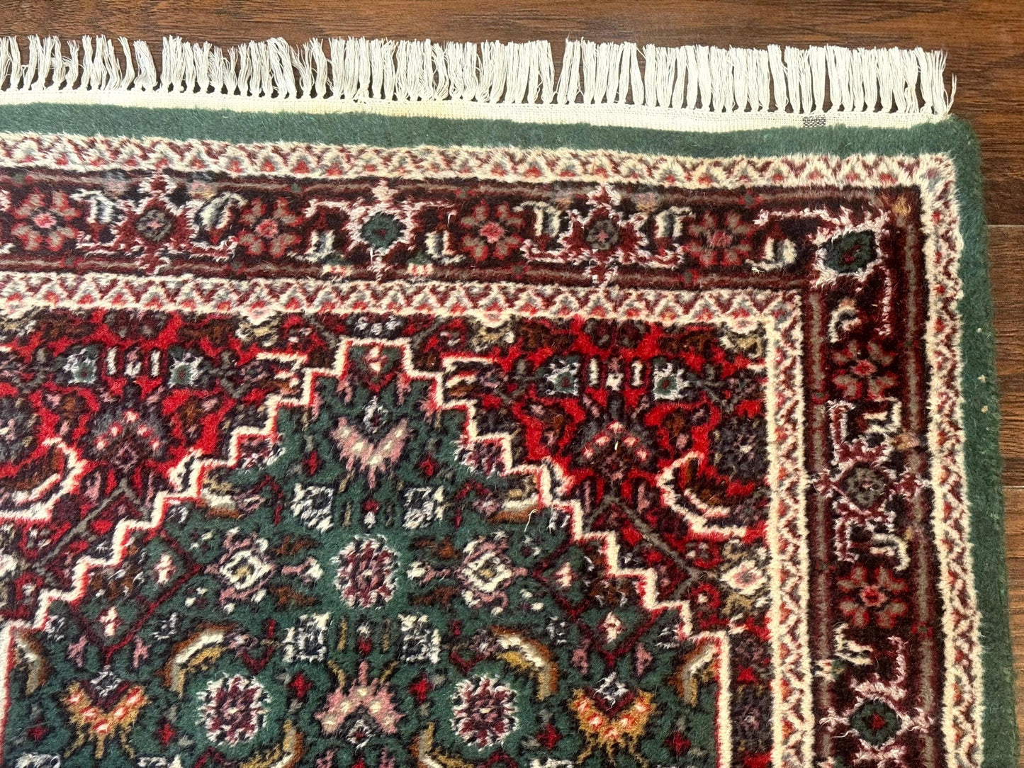 Indo Persian Bidjar Runner Rug 3x10 Green Red Hand Knotted Wool