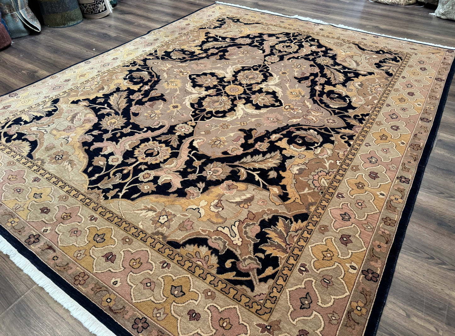 Handmade Wool Rug 8x10 Traditional Oriental Black and Beige Nourison