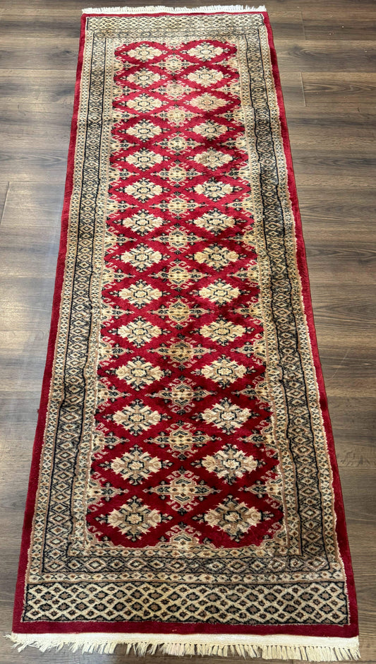 Pakistani Runner Rug 2.8x7.6 Red Turkoman Bokhara Runner Vintage Hand Knotted Wool