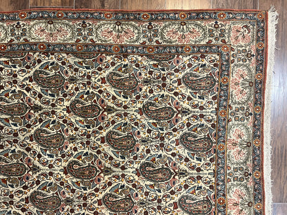 Persian Qum Rug 5x6 Cream Wool Hand Knotted Carpet With Repeated Boteh Paisley Design Semi Antique Vintage