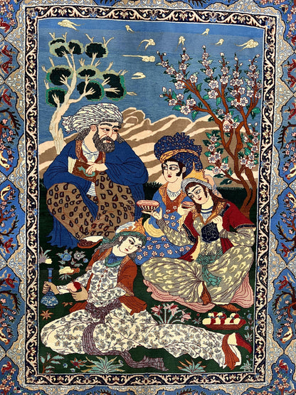 Isfahan Pictorial Rug Fine Persian Hand Knotted Blue Silk Foundation 3.7 x 5 Semi Antique