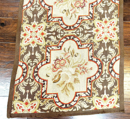 Needlepoint Runner Rug 9.8 Ft Handwoven Wool Floral Brown Beige European Design