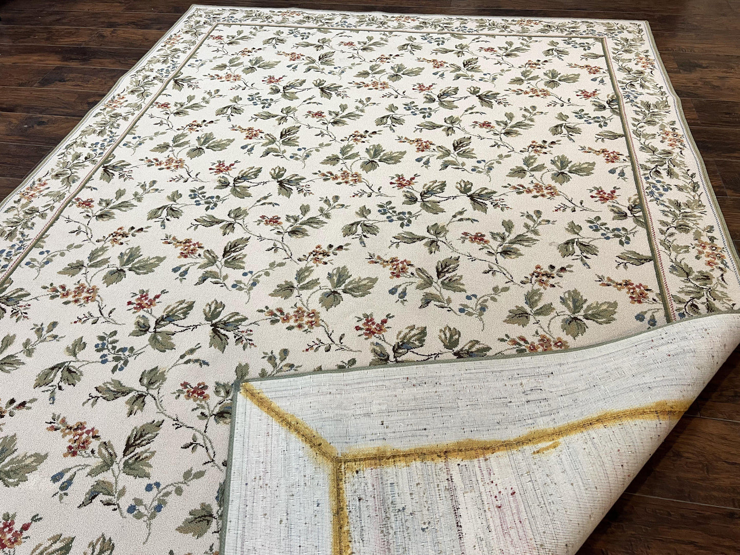 Stark Rug Vintage 7x10 Ivory And Green European Aubusson Design Wool Floral Carpet