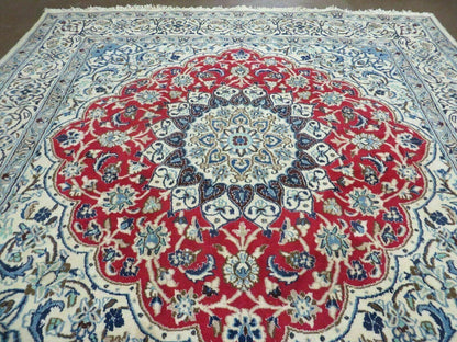 Square Persian Nain Rug 6ft 3in By 6ft 8in Hand Knotted Wool Silk Accents Ivory Red Blue