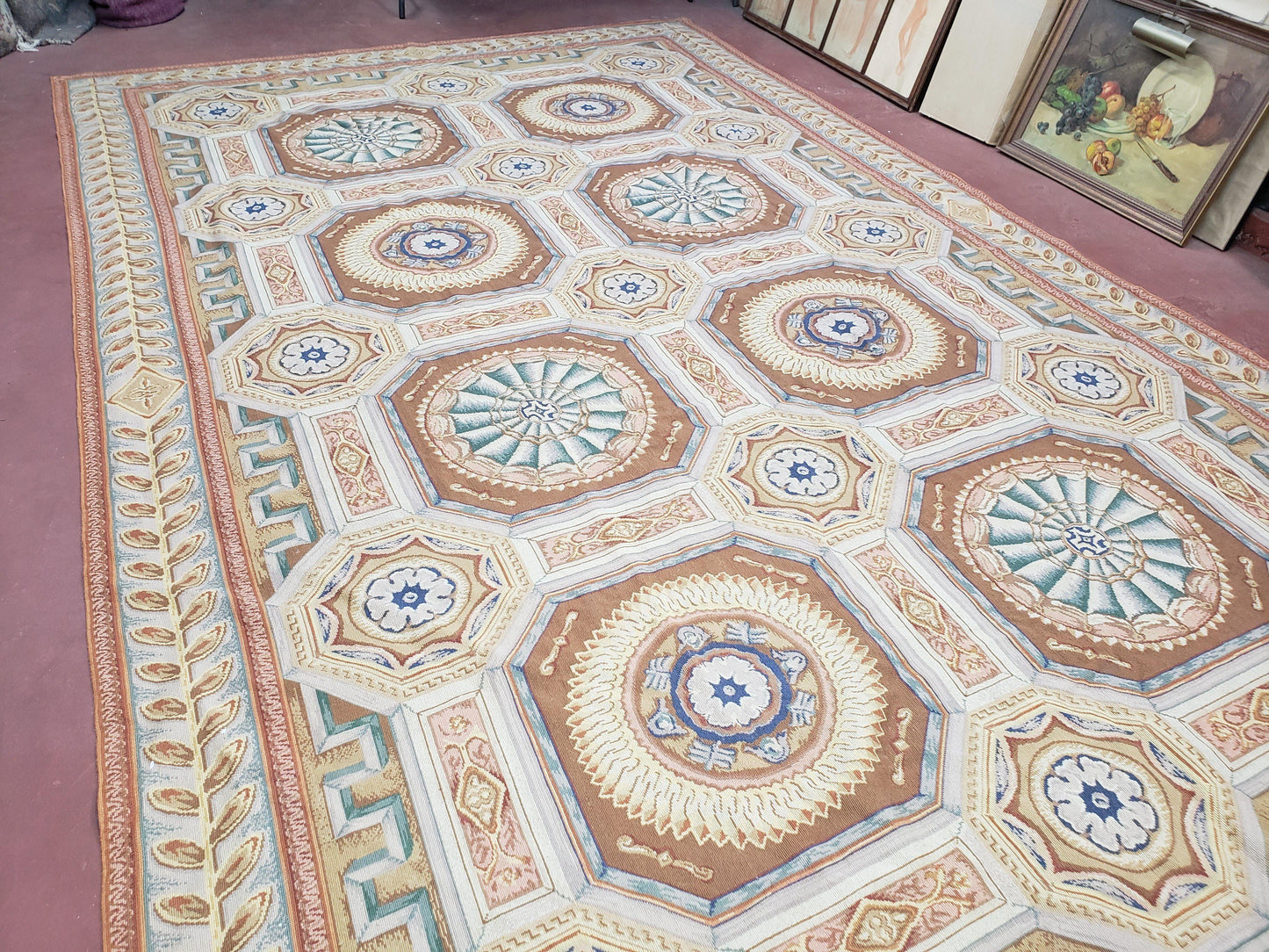 Needlepoint Wool Rug Handmade 8x14 Flatweave Panel Design For Dining Room