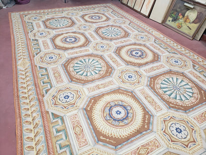 Needlepoint Wool Rug Handmade 8x14 Flatweave Panel Design For Dining Room