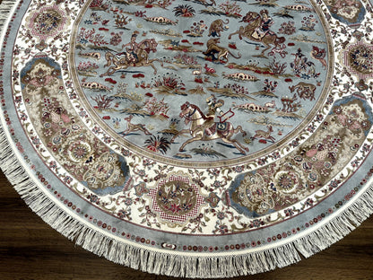 Round Silk Rug 6x6 Bamboo Silk Hunting Design With Animal Pictorials