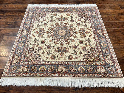 Sino Persian Square Rug 5x5 Hand Knotted Wool Silk Ivory Vintage Oriental Carpet