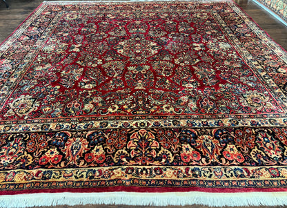 Antique Persian Sarouk Rug 10x10 Square Red Floral Lattice With Navy Border
