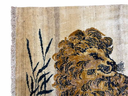 Handmade Wool Rug Hand Knotted Lion Vintage 3.5x4 New Organic Dyes