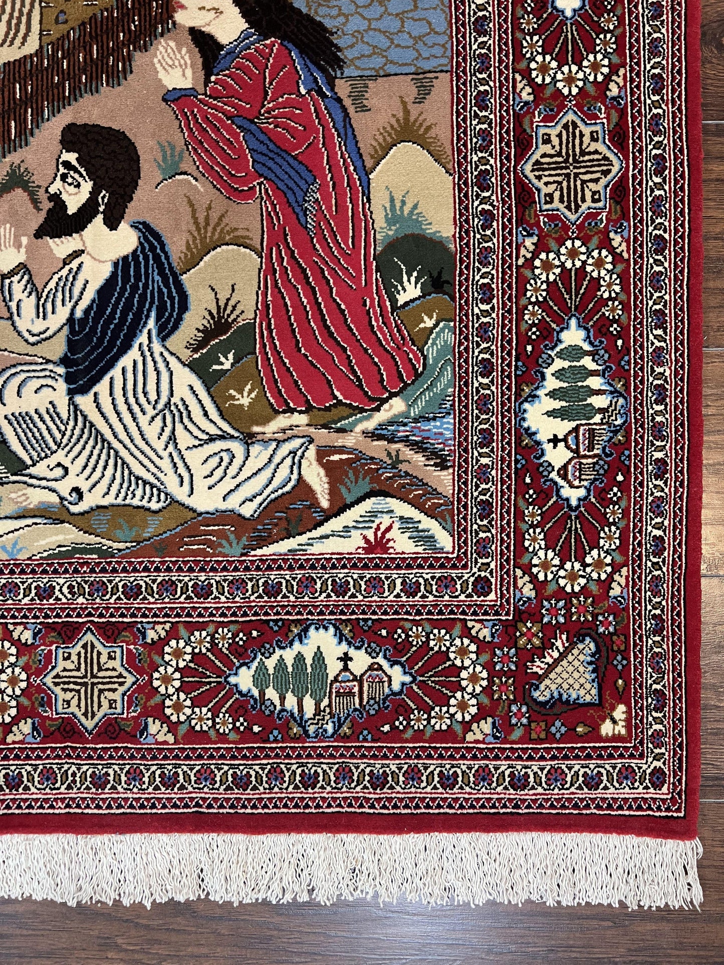 Persian Kashan Pictorial Rug 3x5 Jesus On Cross Handwoven Wool