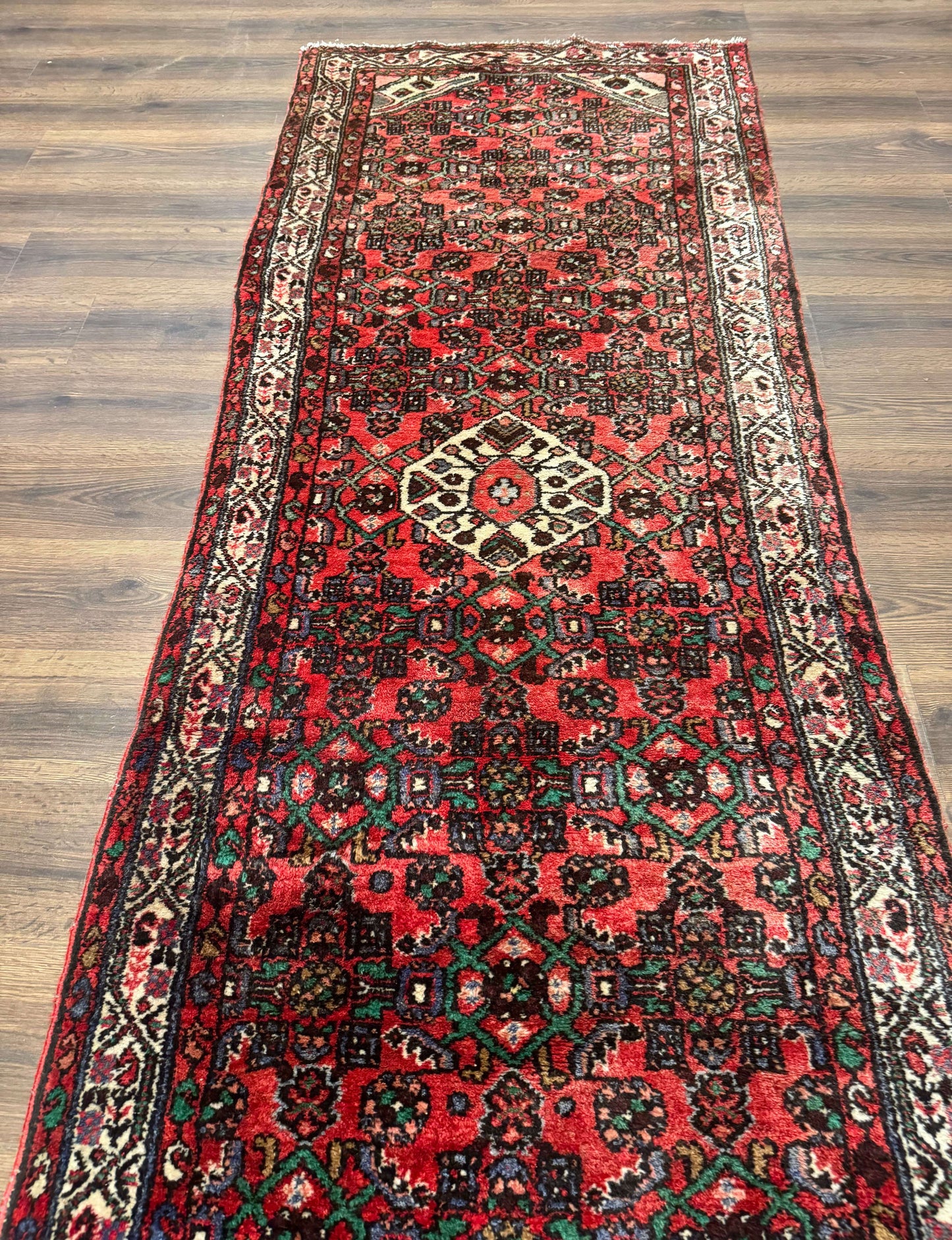 Persian Hamadan Runner Rug 3x10 Wool Hand Knotted Red And Ivory Hallway