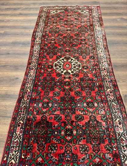 Persian Hamadan Runner Rug 3x10 Wool Hand Knotted Red And Ivory Hallway