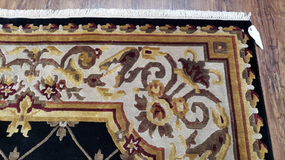 Aubusson Savonnerie Wool Rug 6x9 Hand Knotted Black Beige Nepalese Design