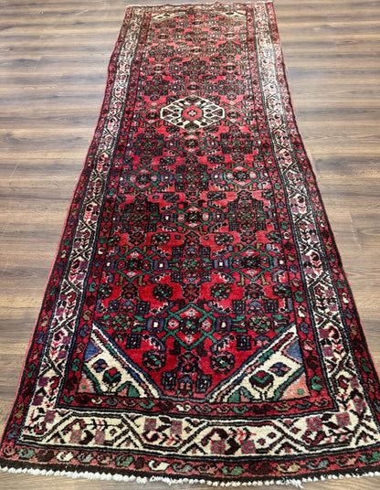 Persian Hamadan Runner Rug 3x10 Wool Hand Knotted Red And Ivory Hallway