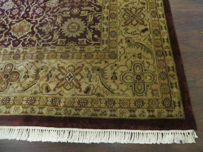 Indian Agra Rug 10x14 Vintage Handmade Wool Carpet Maroon Floral Design