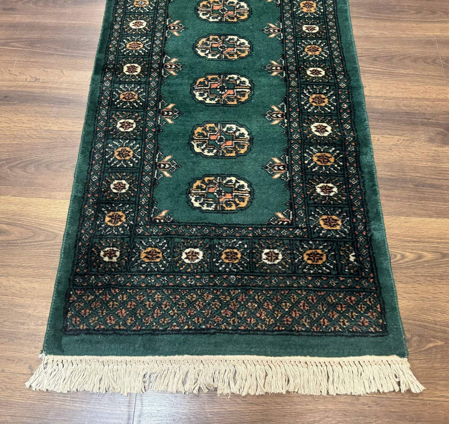 Pakistani Bokhara Runner Rug 2.5x11 Green Wool Hand Knotted Hallway Rug