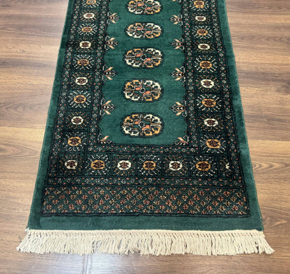Pakistani Bokhara Runner Rug 2.5x11 Green Wool Hand Knotted Hallway Rug
