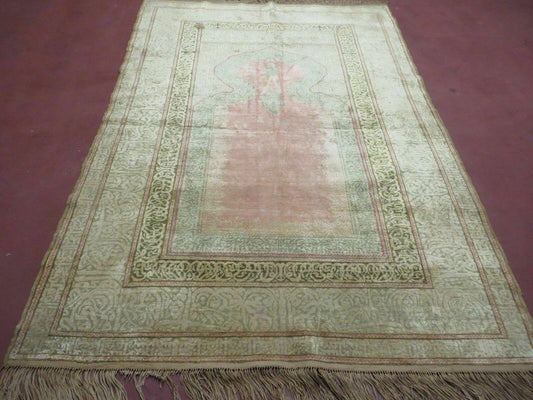 Antique Handmade Hereke Silk Rug Turkish 4x6 Mehrab Pattern