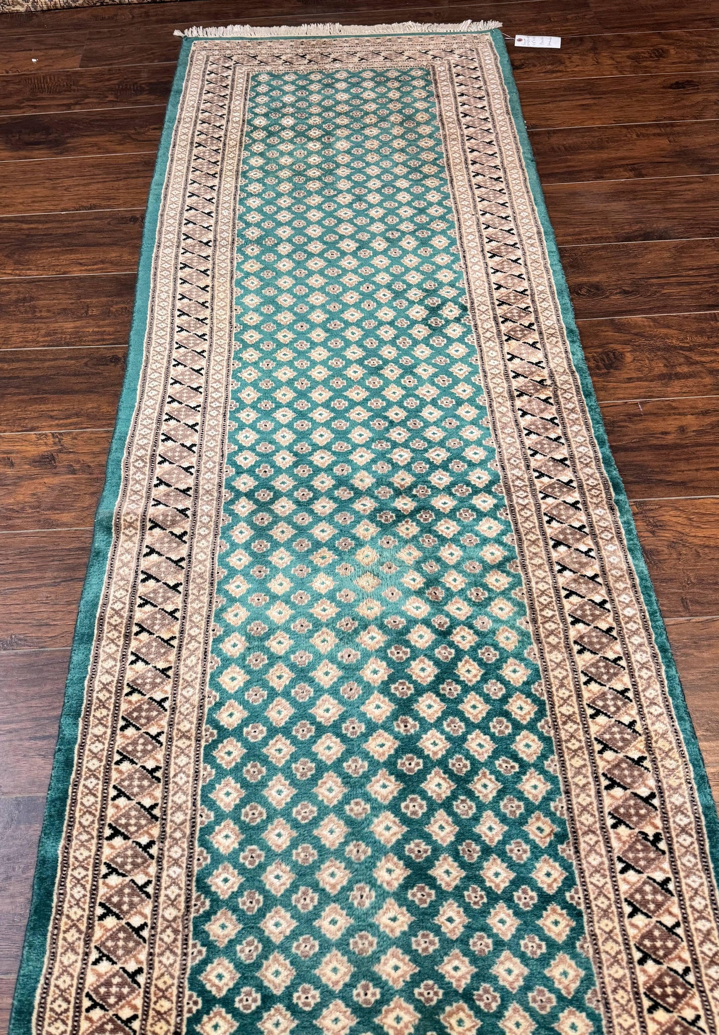 Pakistani Runner Rug 2.8 X 20 Hand Knotted Vintage Wool Turkoman Teal Tan