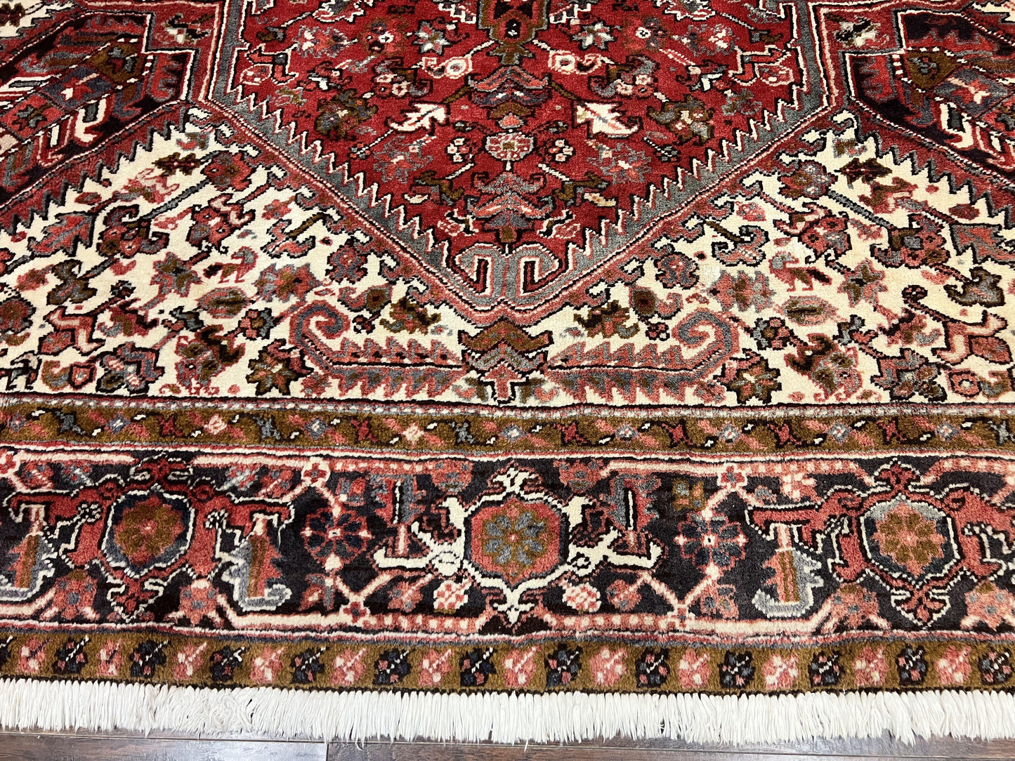 Persian Heriz Rug 10x13 Wool Hand Knotted Antique Carpet Red Ivory Geometric Tribal