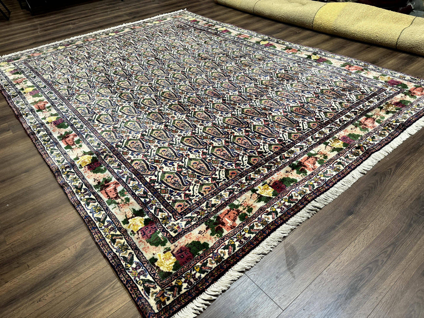 Persian Kurdish Rug 8x11 Boteh Design With Repeated Paisleys And Bird Pictorials Sannadaji Carpet