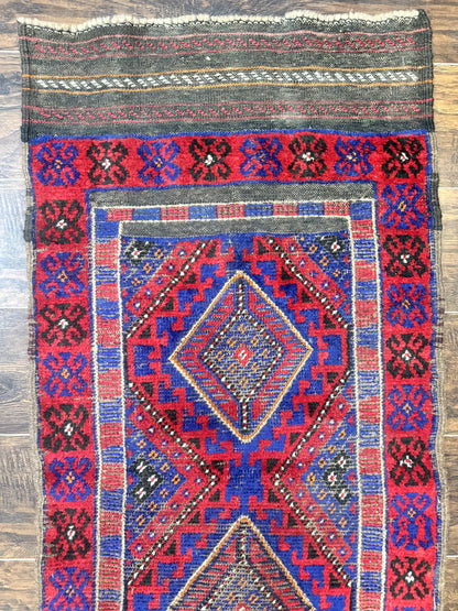 Turkoman Runner Rug 2x8.6 Handmade Wool Hallway Runner Vintage Red Blue