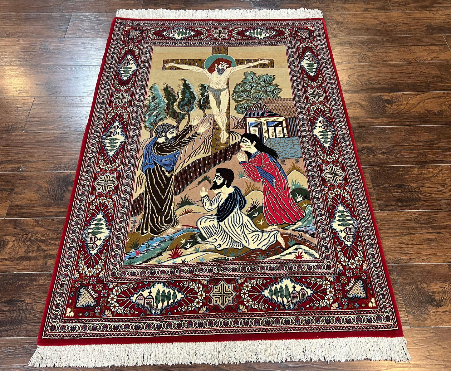 Persian Kashan Pictorial Rug 3x5 Jesus On Cross Handwoven Wool