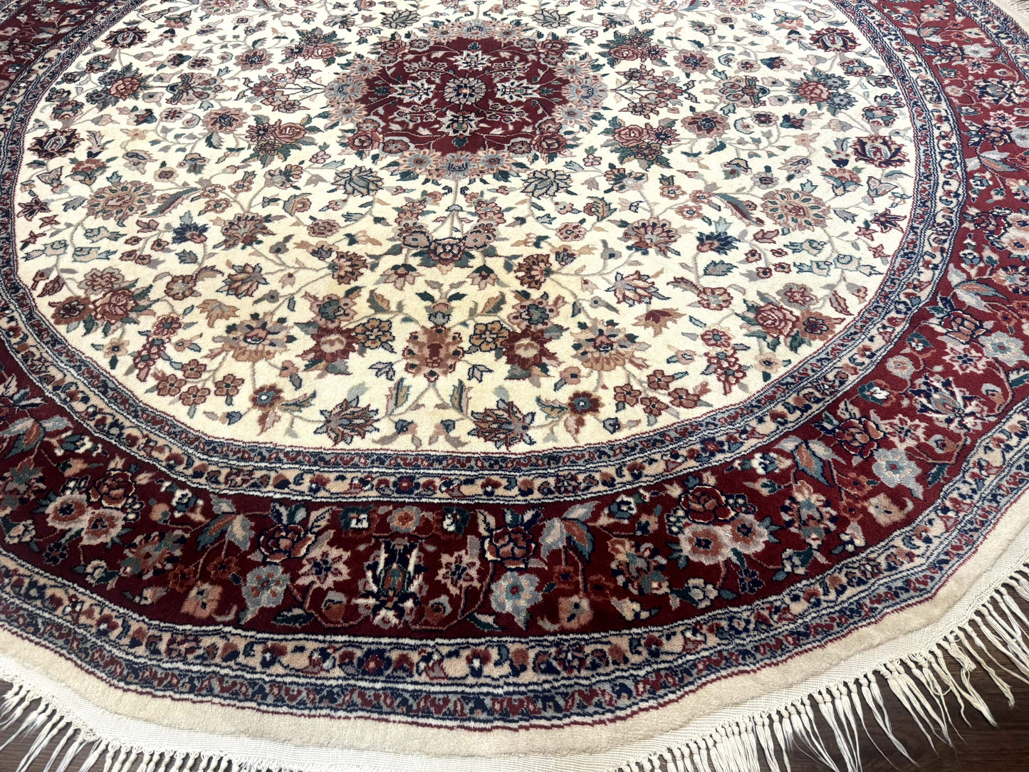 Sino Persian Round Rug 8x8 Wool And Silk Floral Medallion Ivory Red