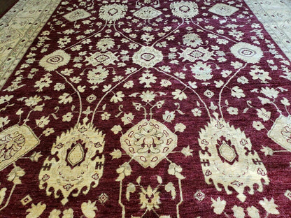Peshawar Rug Pakistani Handmade Floral Carpet 9ft10in X 14ft1in Maroon Beige