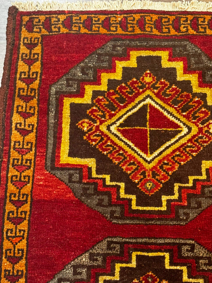 Turkish Yastik Rug 2x3 Antique Red Wool With Double Medallions Geometric Design