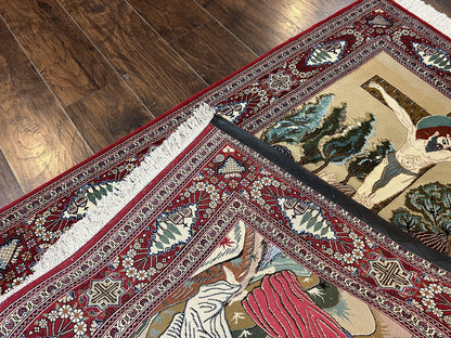 Persian Kashan Pictorial Rug 3x5 Jesus On Cross Handwoven Wool