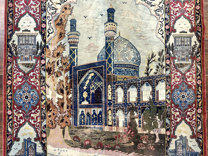 Persian Isfahan Pictorial Rug Hand Knotted 3.6x5.7 Wool Silk Highlights Signed By Masterweaver Handmade