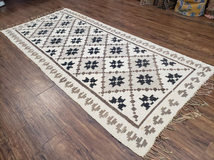 Semi Antique South American Handwoven Wool Kilim Rug 4x8 Runner Diamond Panel