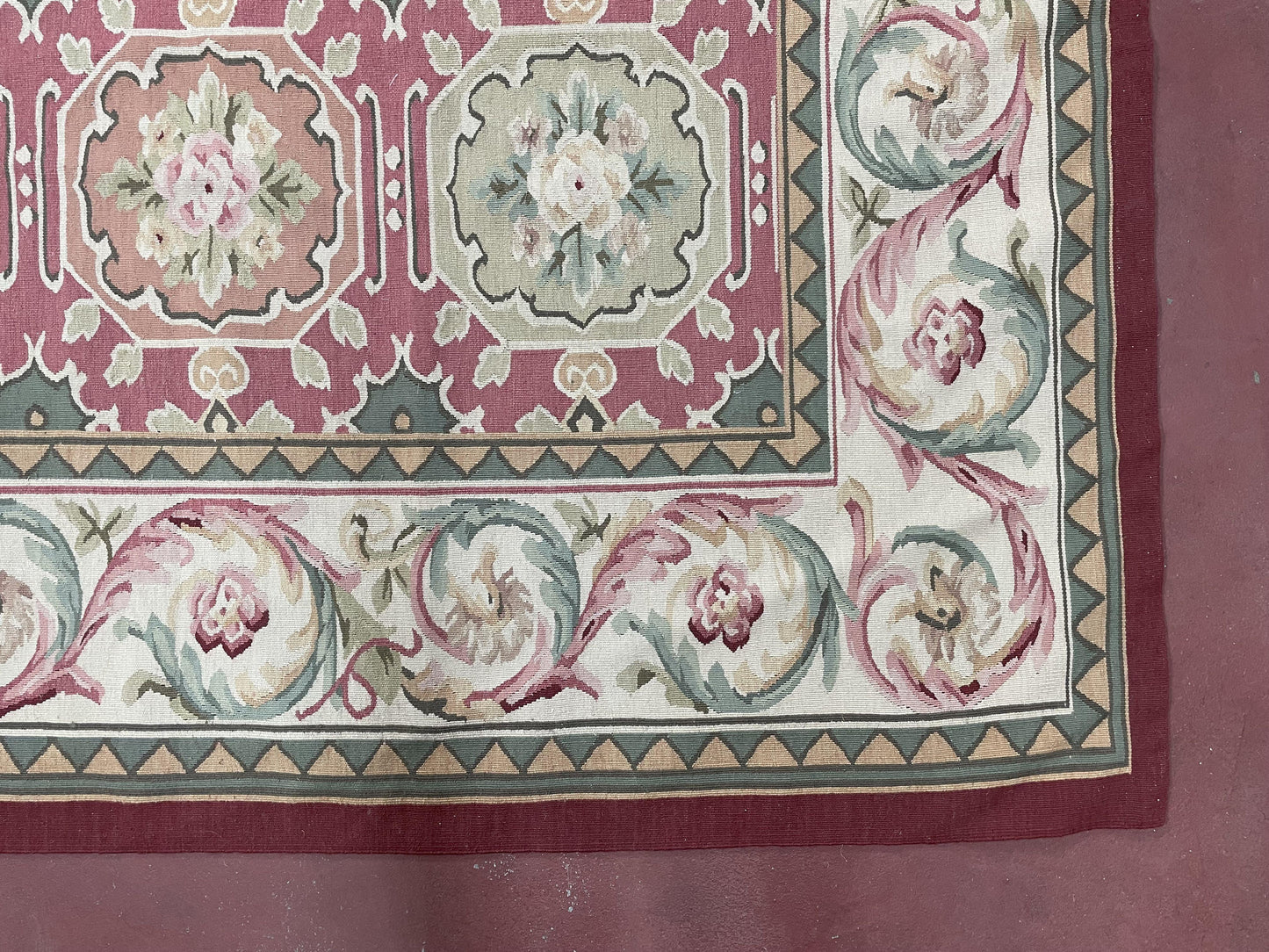 Square Aubusson Rug 9x9 Hand Knotted Wool Needlepoint Panel Design European