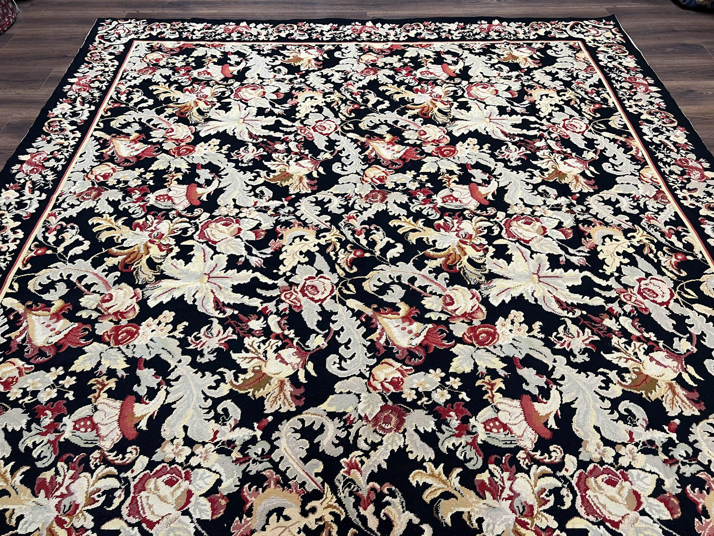 Wool Needlepoint Rug 9x12 William Morris Vintage Handwoven Floral Area Rug