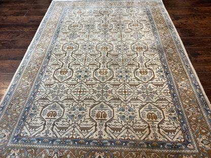 Indo Persian Rug 6x9 Beige Vintage Hand Knotted Wool Oriental Carpet