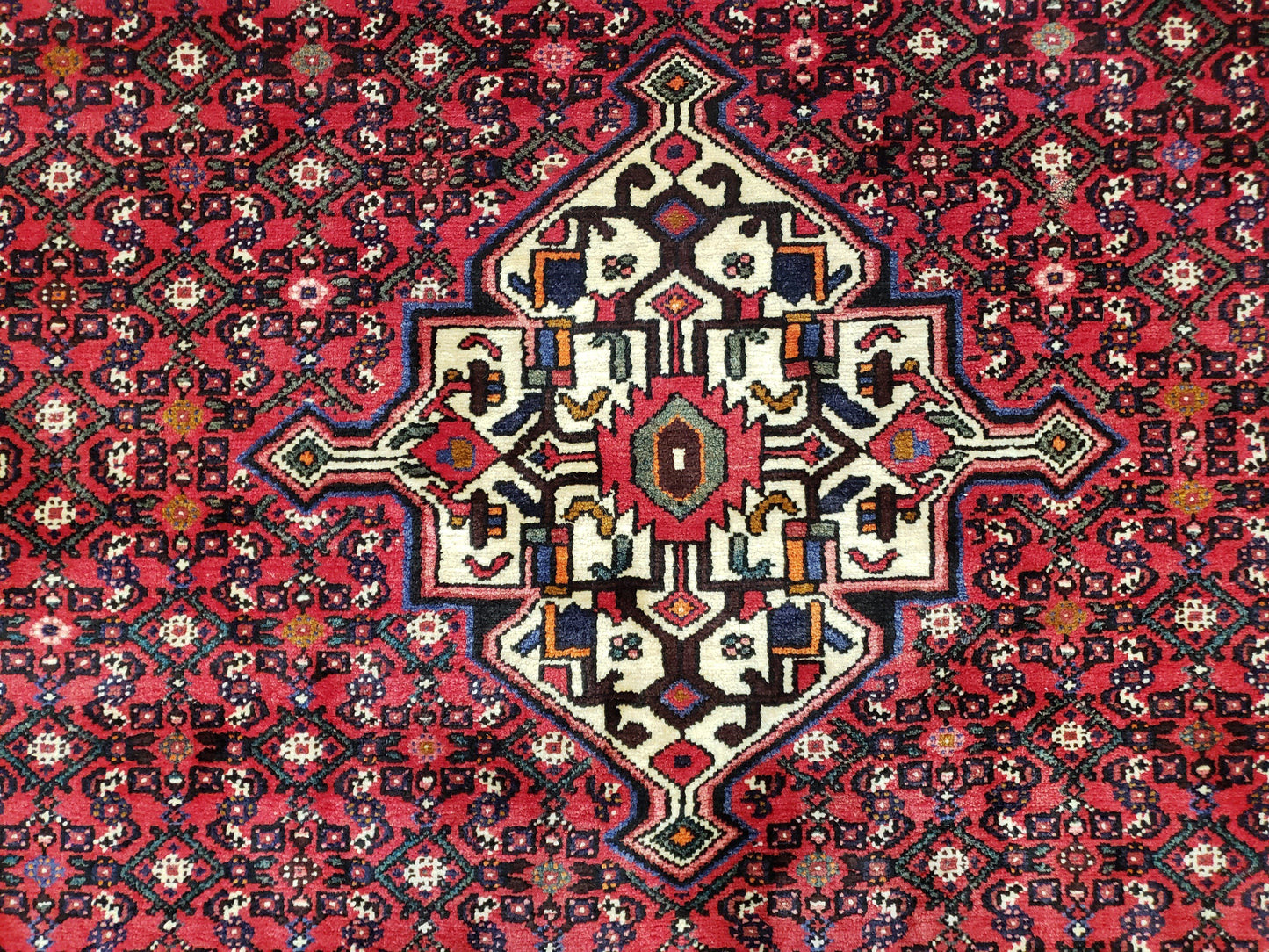 Vintage Persian Hamedan Rug 7x10 Hand Knotted Wool Mahi Pattern Red