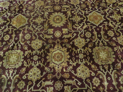 Indian Agra Rug 10x14 Vintage Handmade Wool Carpet Maroon Floral Design