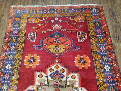 Persian Karajeh Runner Rug Antique Hand Knotted Wool 4.4 By 11 Ft Red Geometric Medallion