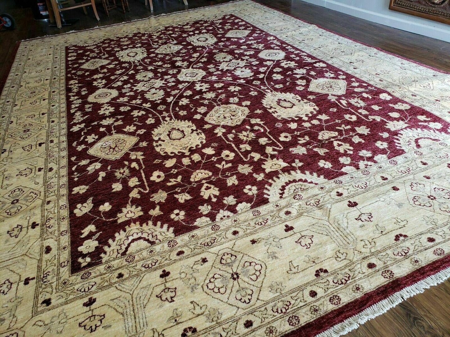 Peshawar Rug Pakistani Handmade Floral Carpet 9ft10in X 14ft1in Maroon Beige