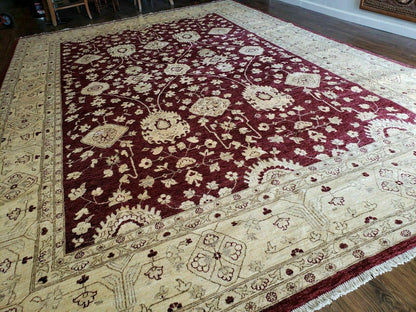 Peshawar Rug Pakistani Handmade Floral Carpet 9ft10in X 14ft1in Maroon Beige