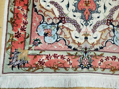 Vintage Persian Tabriz Wool Silk Rug Hand Knotted Medallion Ivory Salmon Light Blue