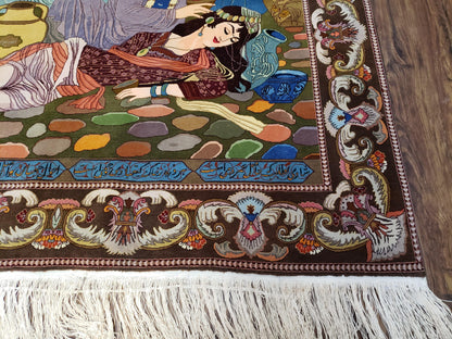 Semi Antique Persian Isfahan Pictorial Rug Handmade Wool Carpet 4x6 Decorative