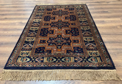 Vintage Afghan Rug 4x6 Hand Knotted Wool Geometric Medallions Navy Blue and Light Brown Tribal Style