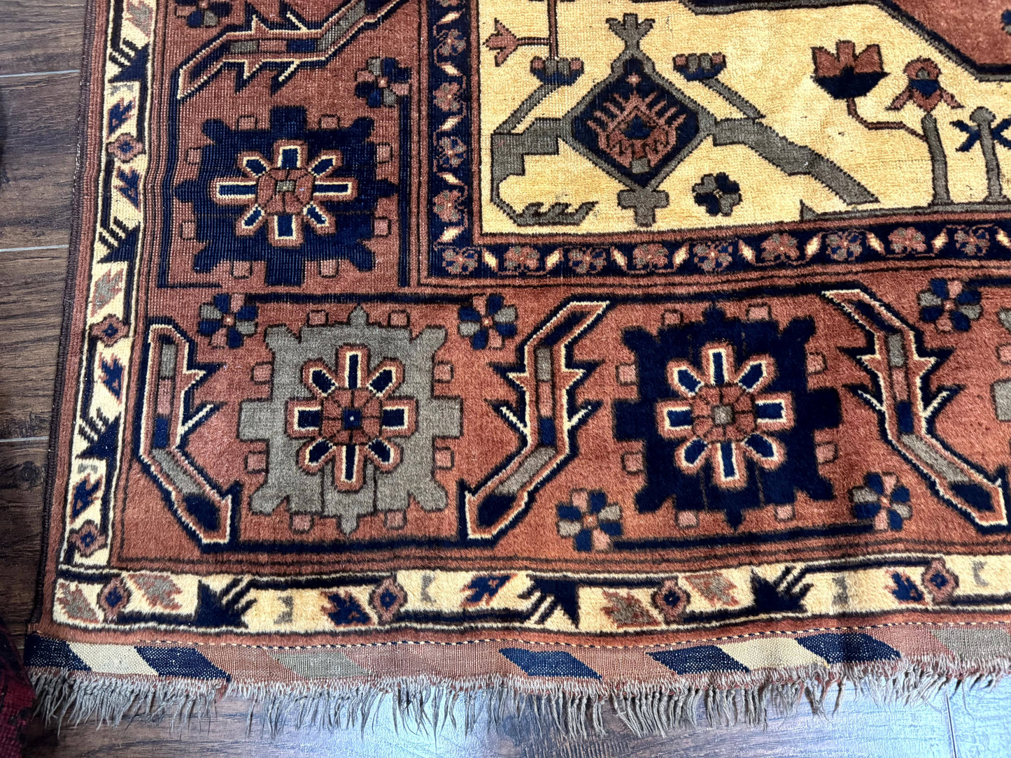 Afghan Heriz Rug 9x12 Vintage Hand Knotted Wool Carpet Tribal Geometric Serapi Rust Cream Navy