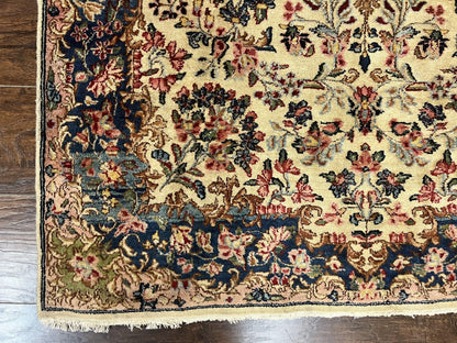 Antique Persian Kirman Rug 4x7 Hand Knotted Wool Floral Carpet Cream And Navy